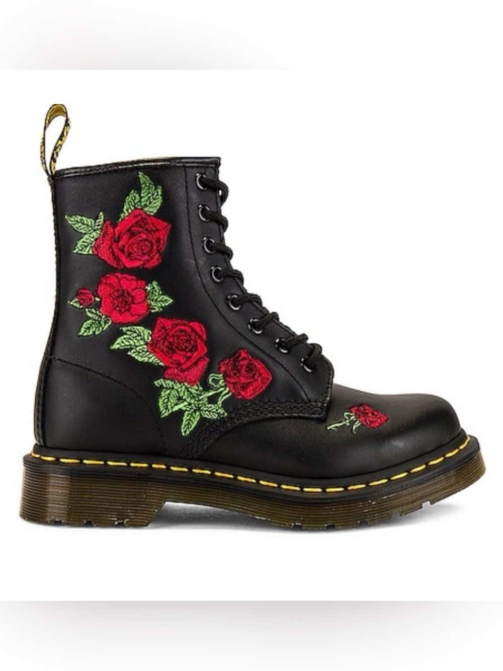 Dr. Martens Black Leather Combat Boots, Red Rose Embroidery, 1460 Vonda Boots